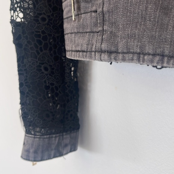 Paris Hues Black Denim & Lace Moto Jacket Cropped Size Small - Picture 4 of 15